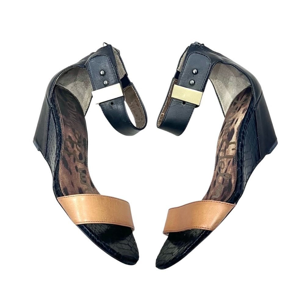 Sam Edelman Black & Tan Leather Snakeskin Ankle Strap Wedge Heels Sandals